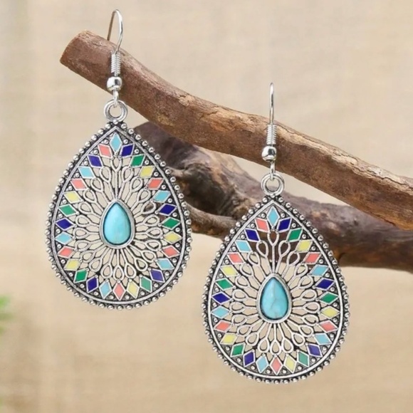 New Vintage Design Boho Teardrop Water drop Colorful Enamel Earrings - Picture 1 of 4